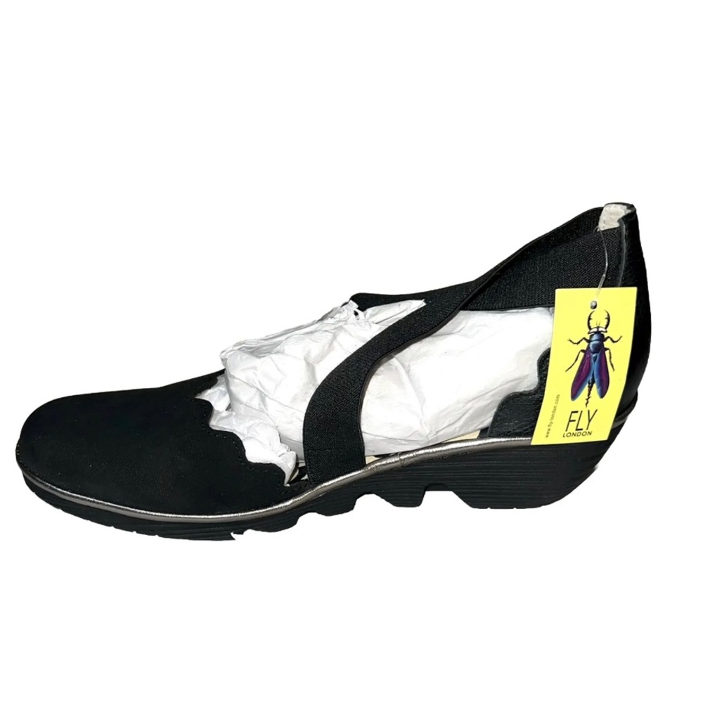 Fly London CupidoMousse IDRA Black Suede Leather Scallop Wedge Sandals 9US